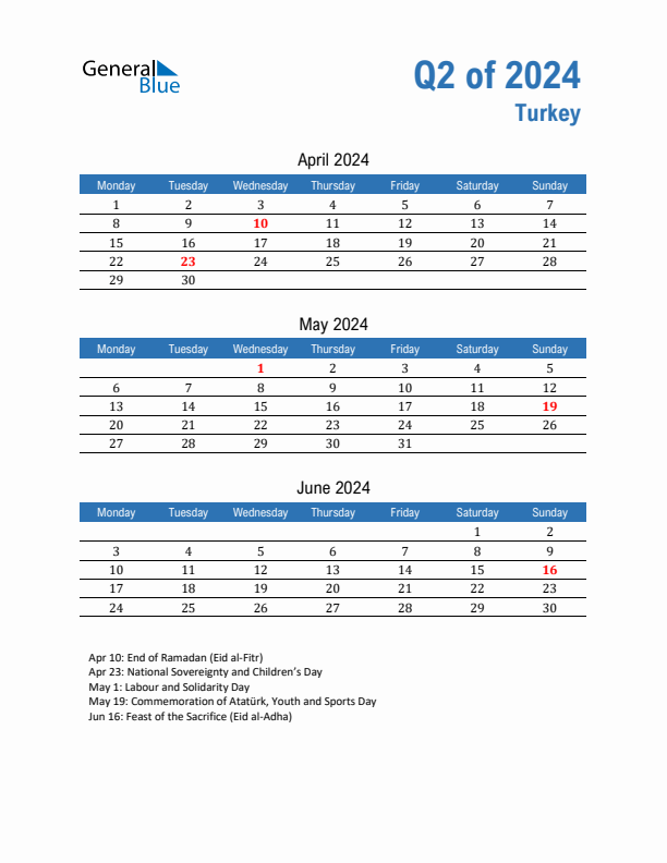 Turkey Q2 2024 Quarterly Calendar with Monday Start