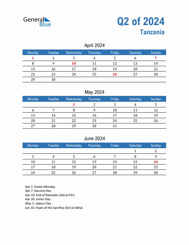 Tanzania Q2 2024 Quarterly Calendar with Monday Start