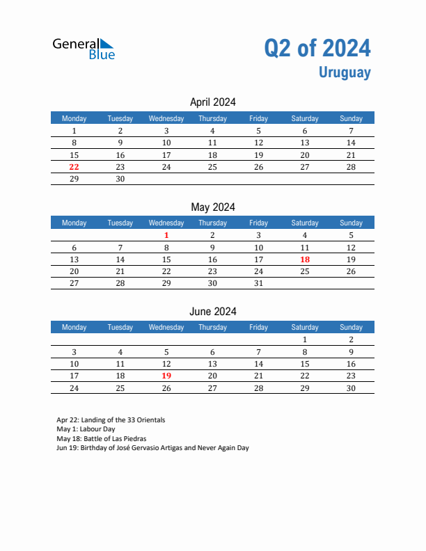 Uruguay Q2 2024 Quarterly Calendar with Monday Start