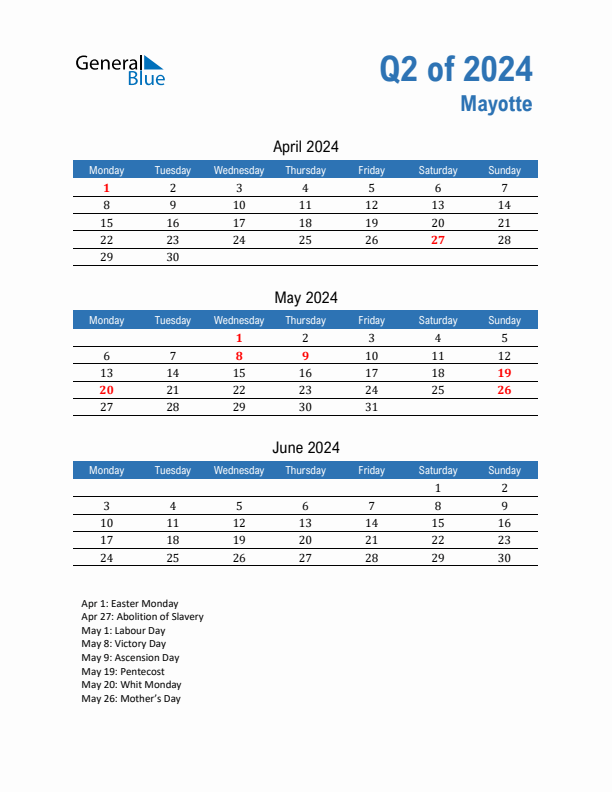 Mayotte Q2 2024 Quarterly Calendar with Monday Start