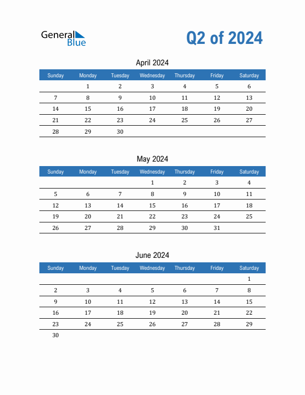 Fillable Quarterly Calendar for Q2 2024