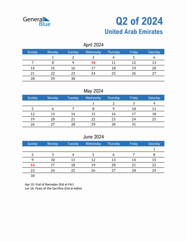 United Arab Emirates Q2 2024 Quarterly Calendar with Sunday Start