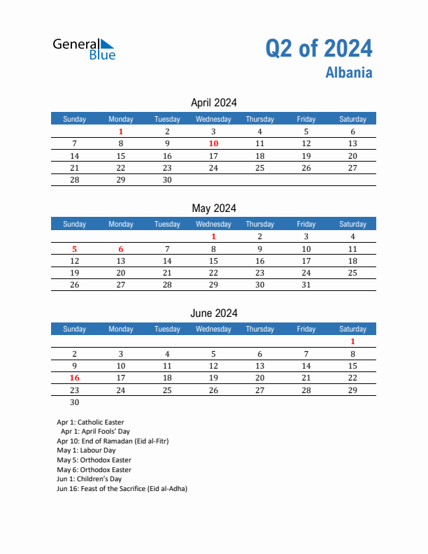 Albania Q2 2024 Quarterly Calendar with Sunday Start