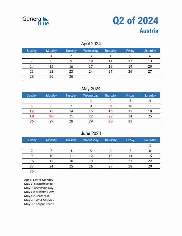 Austria Q2 2024 Quarterly Calendar with Sunday Start