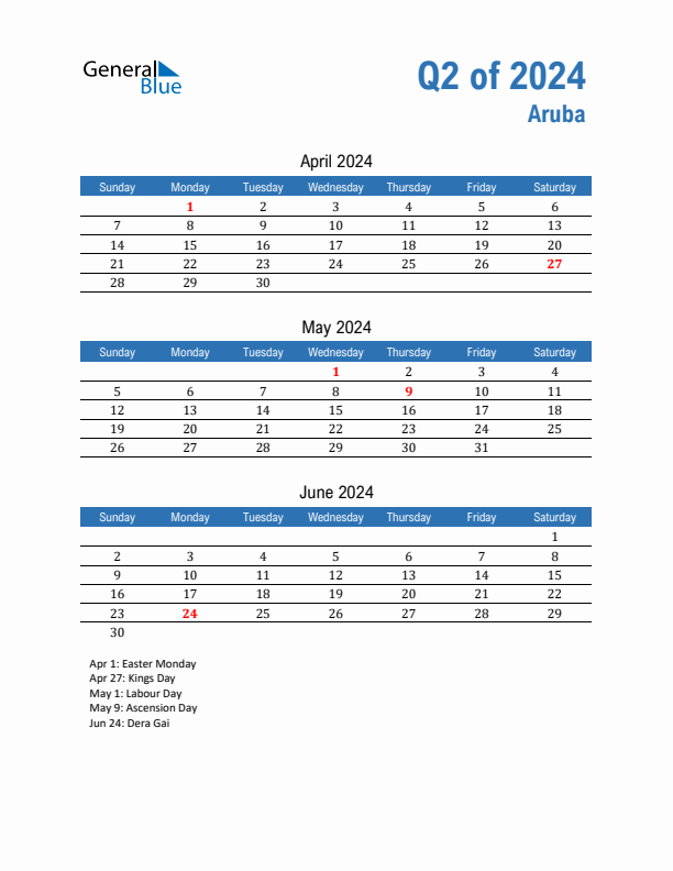 Aruba Q2 2024 Quarterly Calendar with Sunday Start