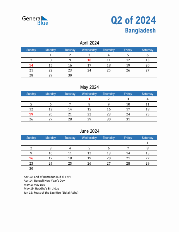 Bangladesh Q2 2024 Quarterly Calendar with Sunday Start