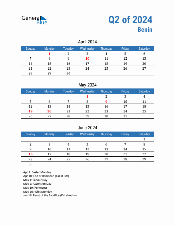 Benin Q2 2024 Quarterly Calendar with Sunday Start