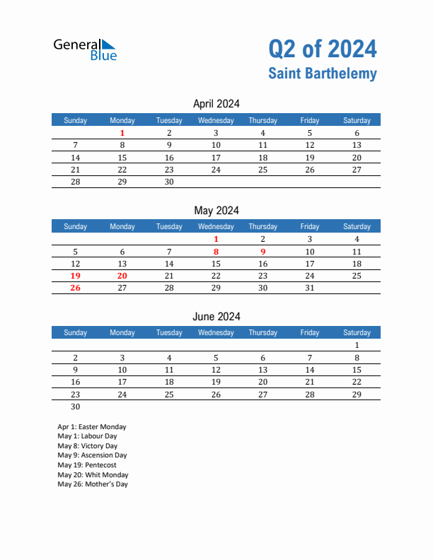 Saint Barthelemy Q2 2024 Quarterly Calendar with Sunday Start