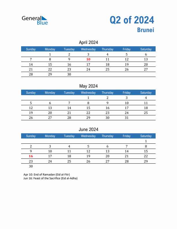 Brunei Q2 2024 Quarterly Calendar with Sunday Start