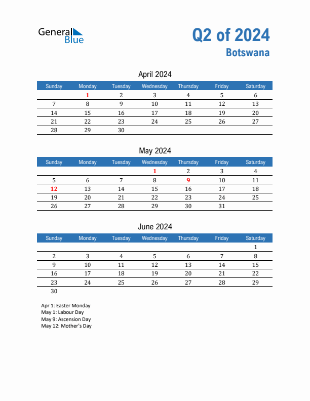 Botswana Q2 2024 Quarterly Calendar with Sunday Start