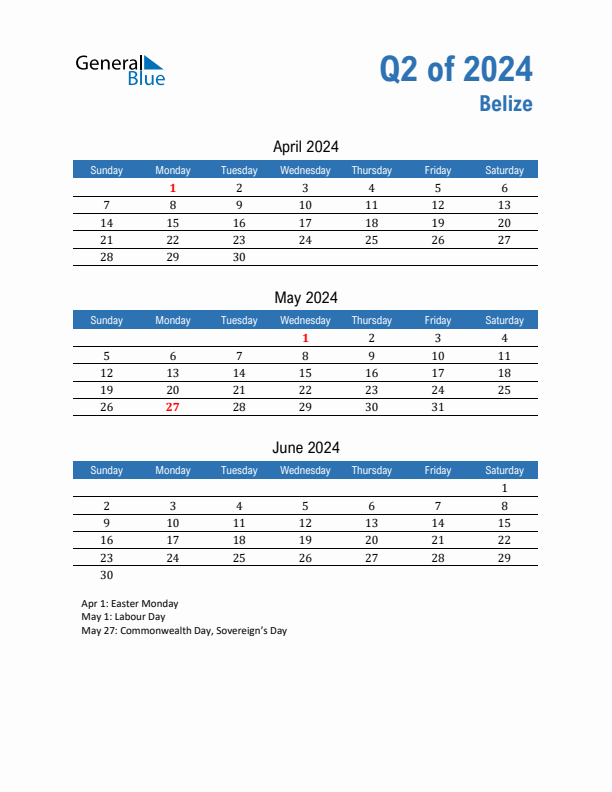 Belize Q2 2024 Quarterly Calendar with Sunday Start