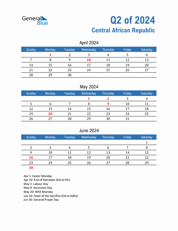 Central African Republic Q2 2024 Quarterly Calendar with Sunday Start