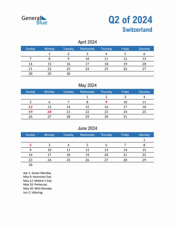 Switzerland Q2 2024 Quarterly Calendar with Sunday Start