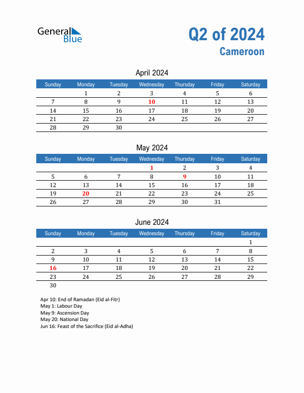 Cameroon Q2 2024 Quarterly Calendar with Sunday Start