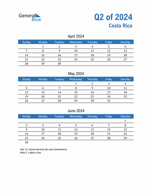 Costa Rica Q2 2024 Quarterly Calendar with Sunday Start