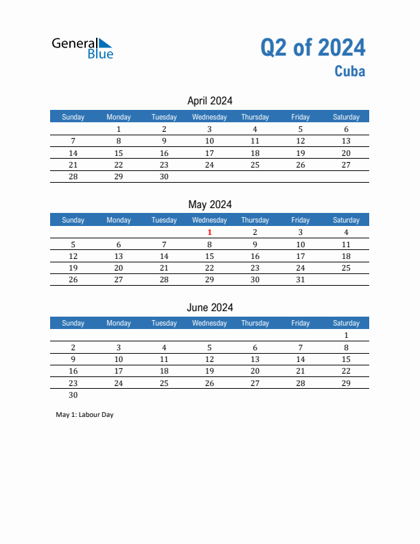 Cuba Q2 2024 Quarterly Calendar with Sunday Start