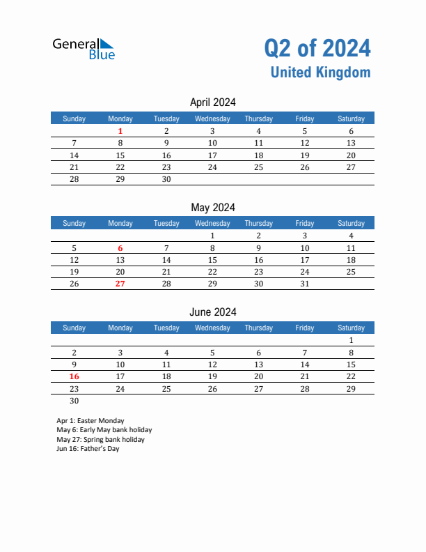 United Kingdom Q2 2024 Quarterly Calendar with Sunday Start