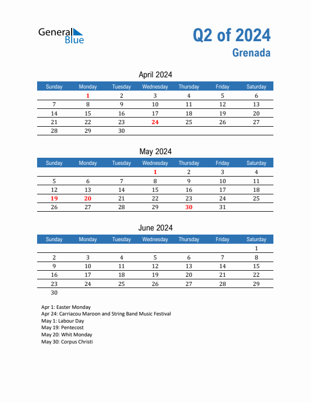 Grenada Q2 2024 Quarterly Calendar with Sunday Start