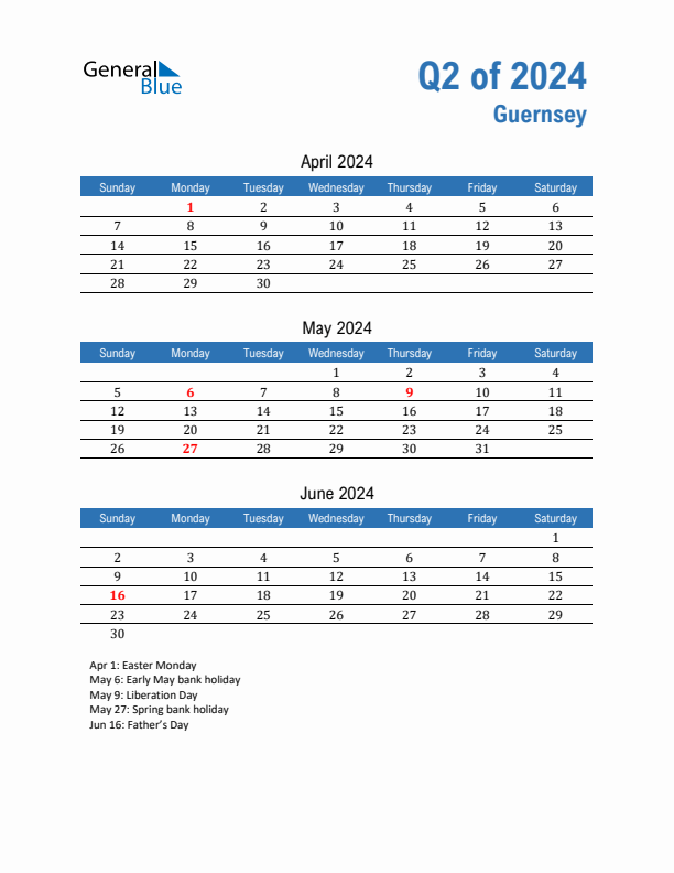 Guernsey Q2 2024 Quarterly Calendar with Sunday Start