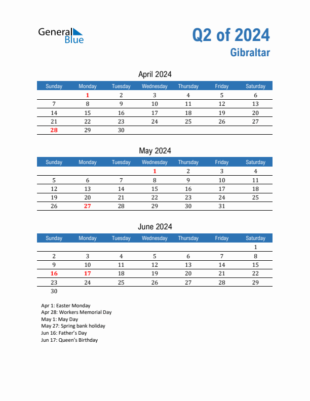 Gibraltar Q2 2024 Quarterly Calendar with Sunday Start