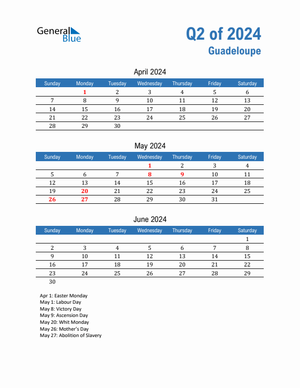 Guadeloupe Q2 2024 Quarterly Calendar with Sunday Start