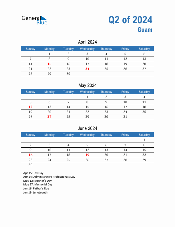 Guam Q2 2024 Quarterly Calendar with Sunday Start