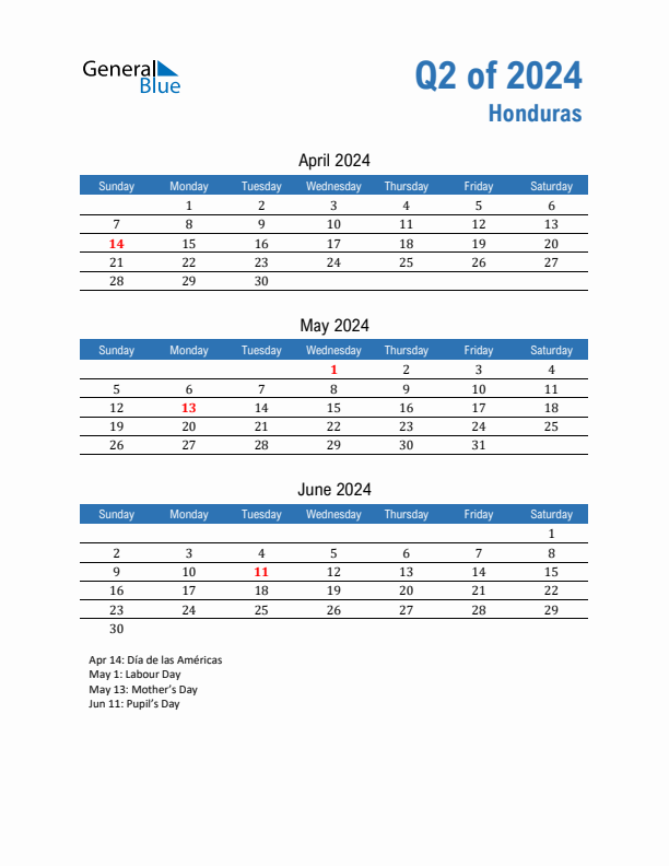 Honduras Q2 2024 Quarterly Calendar with Sunday Start