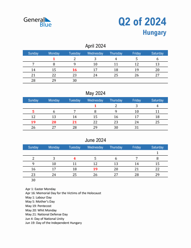 Hungary Q2 2024 Quarterly Calendar with Sunday Start