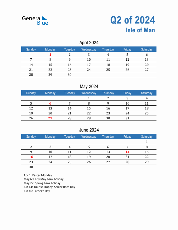 Isle of Man Q2 2024 Quarterly Calendar with Sunday Start