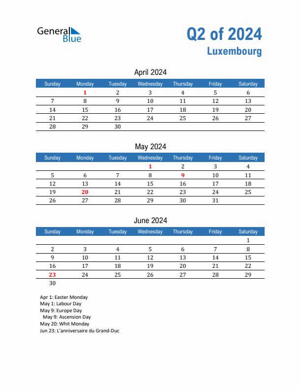 Luxembourg Q2 2024 Quarterly Calendar with Sunday Start