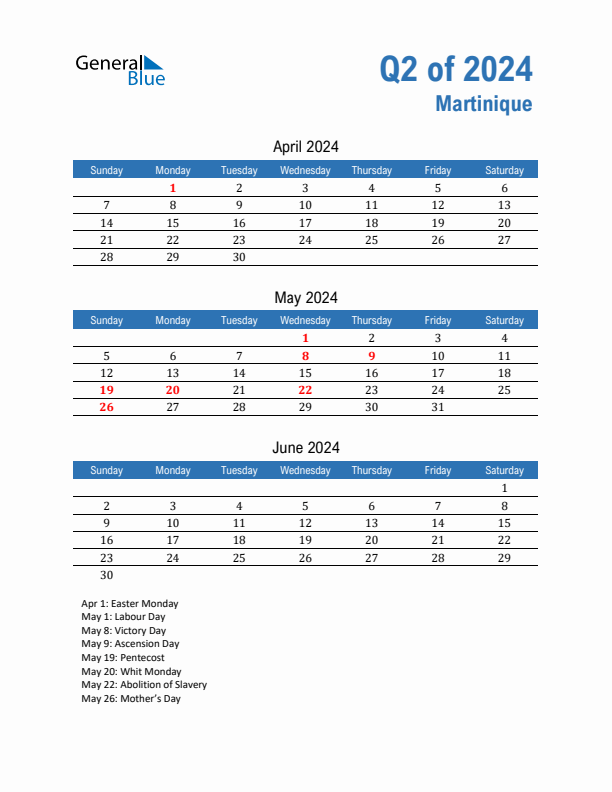 Martinique Q2 2024 Quarterly Calendar with Sunday Start