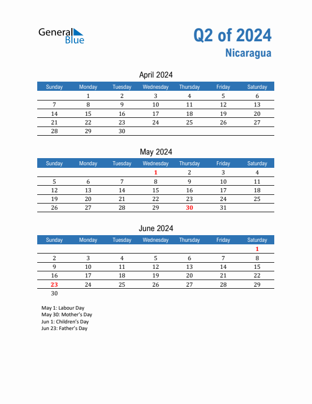 Nicaragua Q2 2024 Quarterly Calendar with Sunday Start