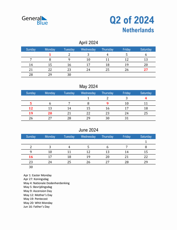 The Netherlands Q2 2024 Quarterly Calendar with Sunday Start