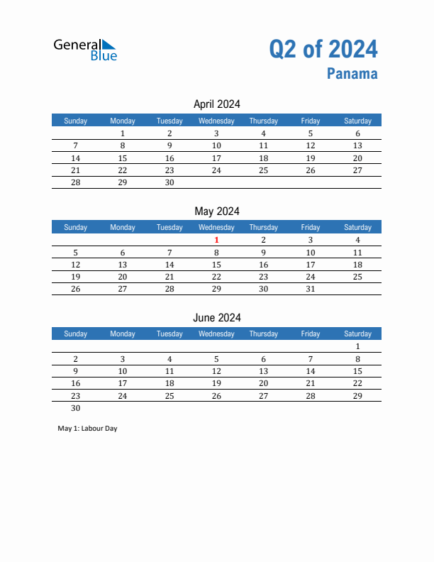 Panama Q2 2024 Quarterly Calendar with Sunday Start