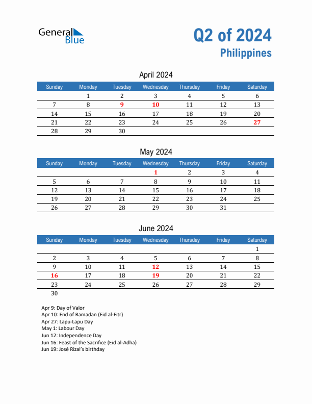 Philippines Q2 2024 Quarterly Calendar with Sunday Start