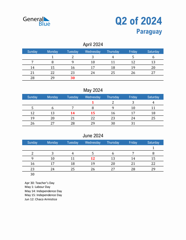 Paraguay Q2 2024 Quarterly Calendar with Sunday Start