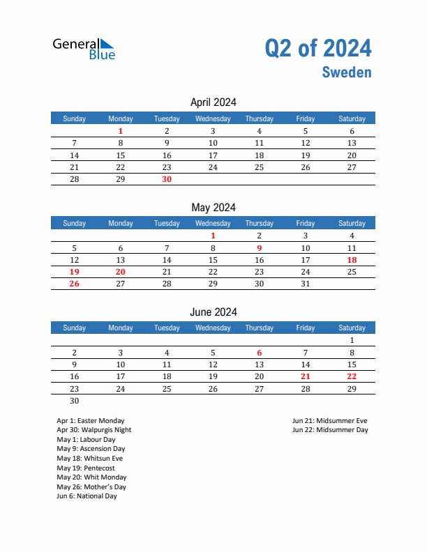 Sweden Q2 2024 Quarterly Calendar with Sunday Start