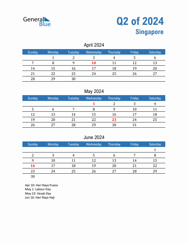 Singapore Q2 2024 Quarterly Calendar with Sunday Start