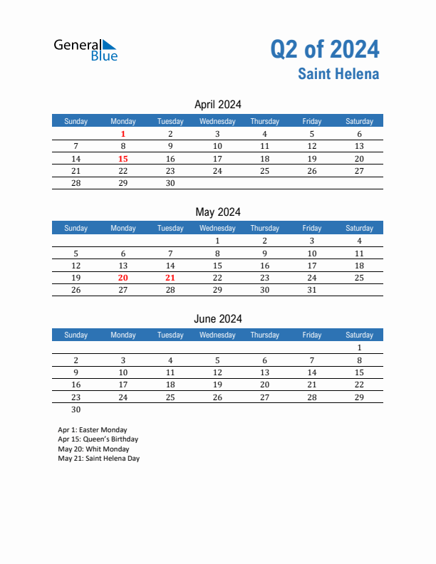 Saint Helena Q2 2024 Quarterly Calendar with Sunday Start