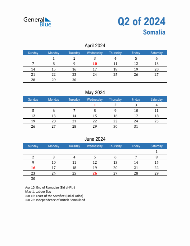 Somalia Q2 2024 Quarterly Calendar with Sunday Start