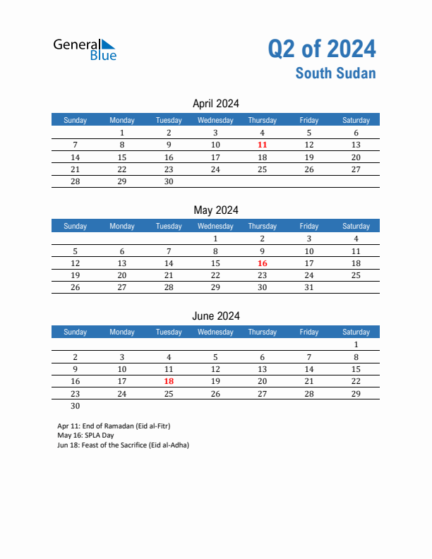 South Sudan Q2 2024 Quarterly Calendar with Sunday Start