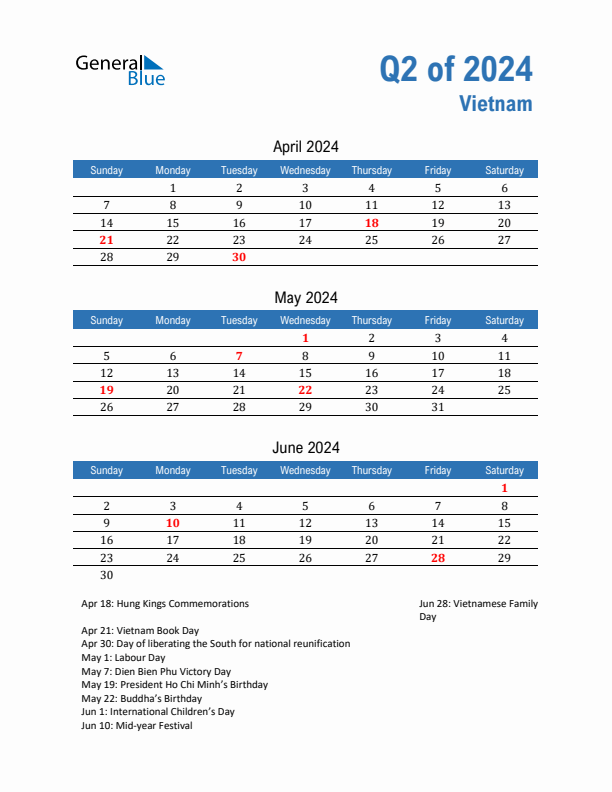 Vietnam Q2 2024 Quarterly Calendar with Sunday Start