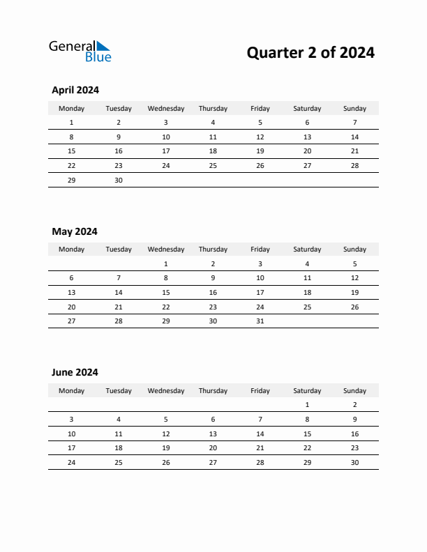 2024 Three-Month Calendar (Quarter 2)