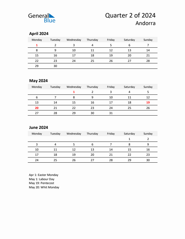 2024 Q2 Three-Month Calendar for Andorra