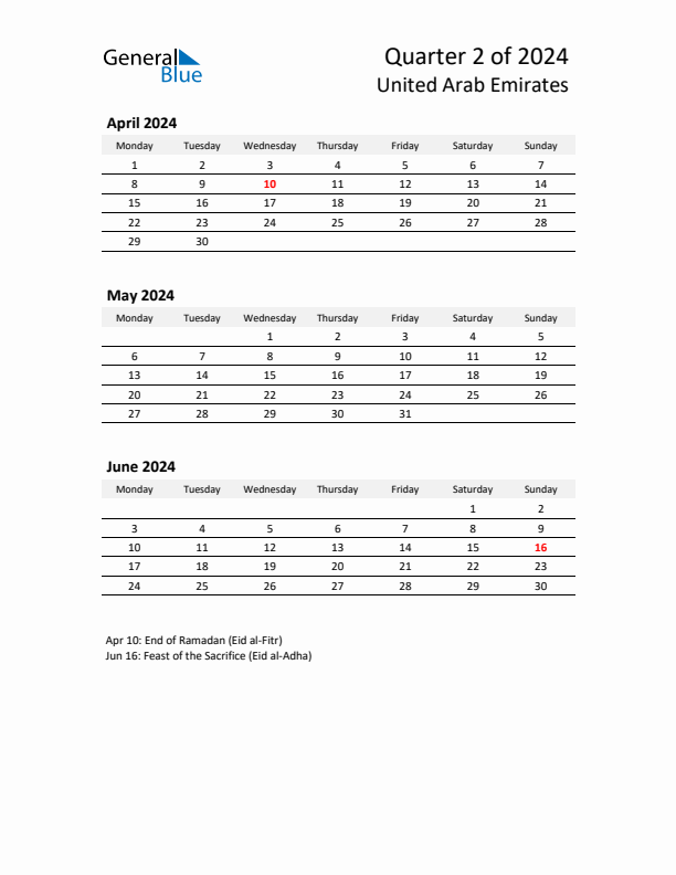 2024 Q2 Three-Month Calendar for United Arab Emirates