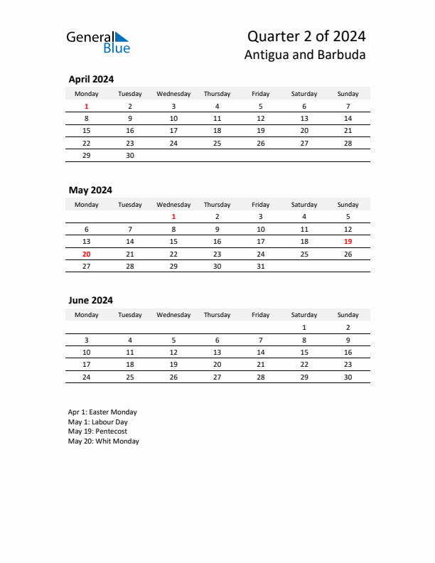 2024 Q2 Three-Month Calendar for Antigua and Barbuda