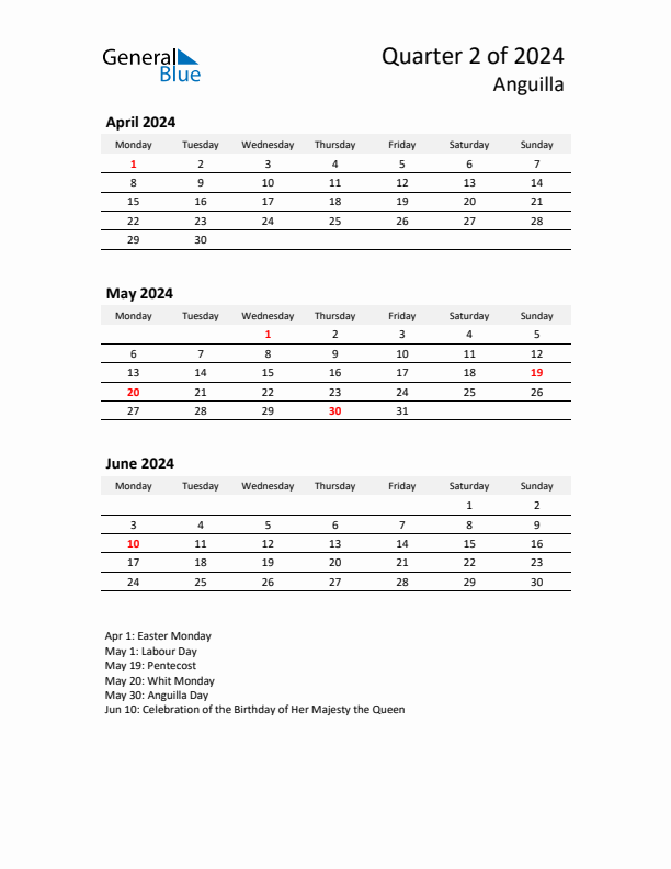 2024 Q2 Three-Month Calendar for Anguilla