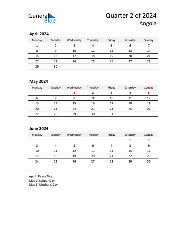 2024 Q2 Three-Month Calendar for Angola