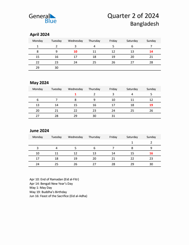 2024 Q2 Three-Month Calendar for Bangladesh