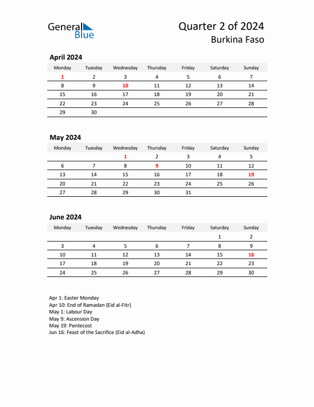 2024 Q2 Three-Month Calendar for Burkina Faso